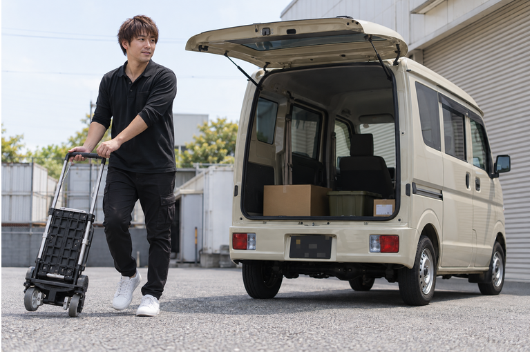 軽バンのそばで台車を準備する男性ドライバー