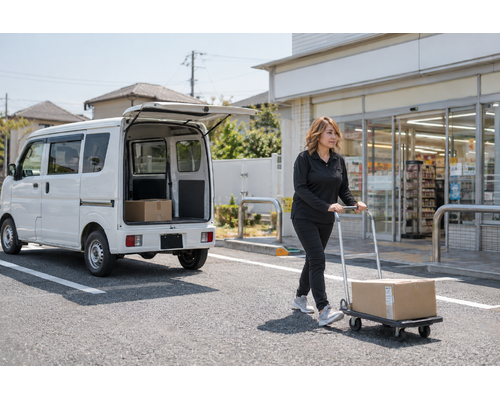 店舗へ箱物を運ぶ女性ドライバー
