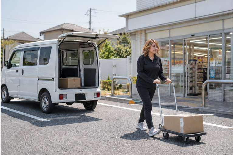 店舗へ箱物を運ぶ女性ドライバー