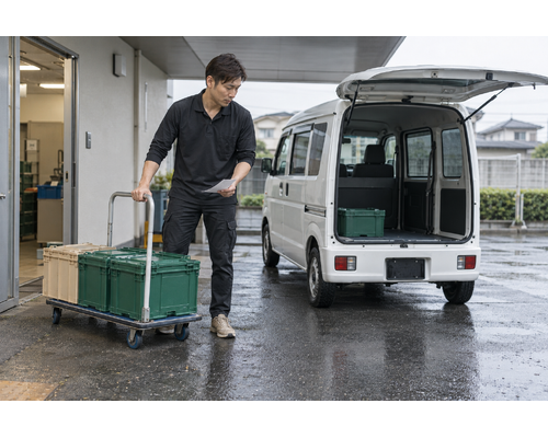 食品配送用の台車を扱う男性ドライバー