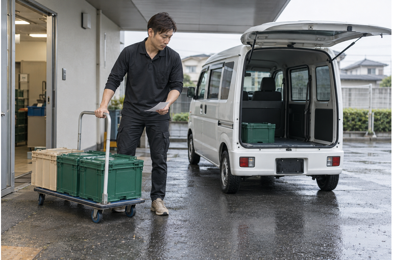 食品配送用の台車を扱う男性ドライバー