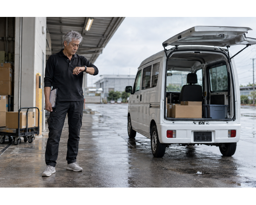 出発前に時計を確認する男性ドライバー