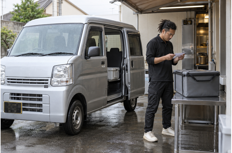 配送前に伝票を確認する男性ドライバー