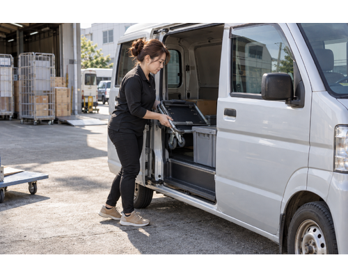 軽バンで台車を準備する女性ドライバー