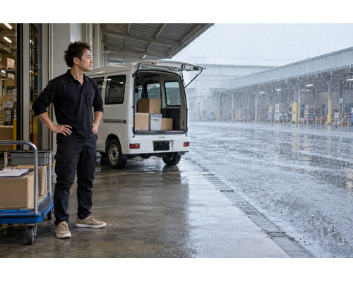 屋根の下から雨の様子を確認する男性ドライバー