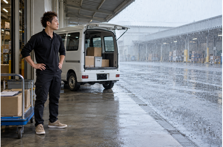 屋根の下から雨の様子を確認する男性ドライバー