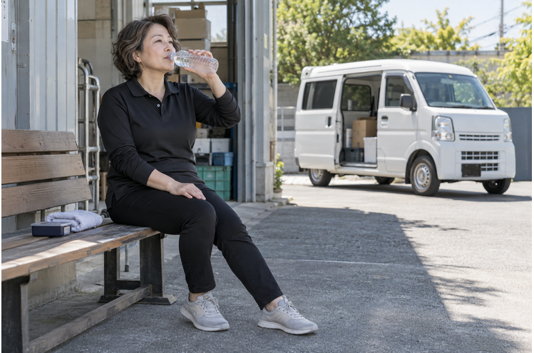日陰で水分補給をする女性ドライバー