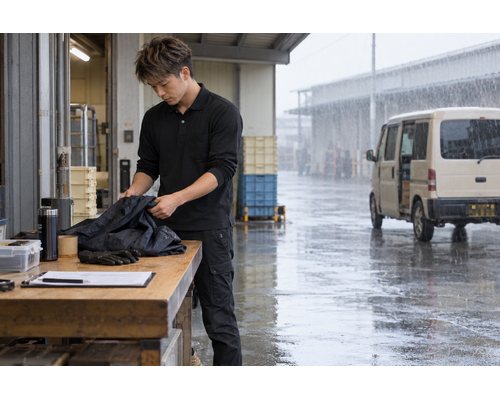 配送前に雨具を確認する男性