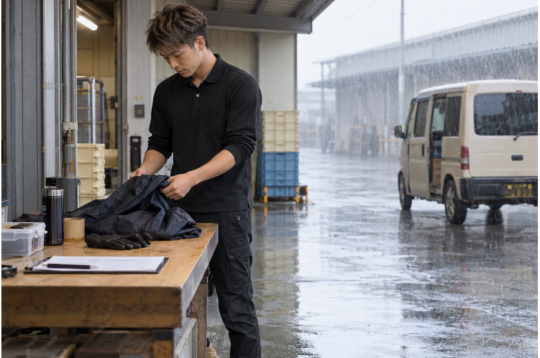 配送前に雨具を確認する男性