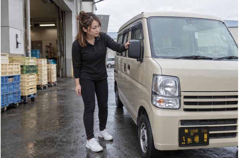 出発前に軽バンのミラーを確認する女性