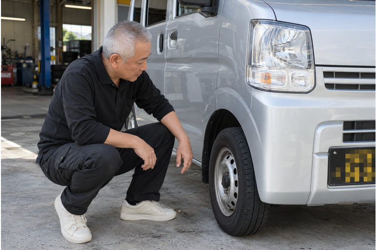 軽バンのタイヤを確認する男性