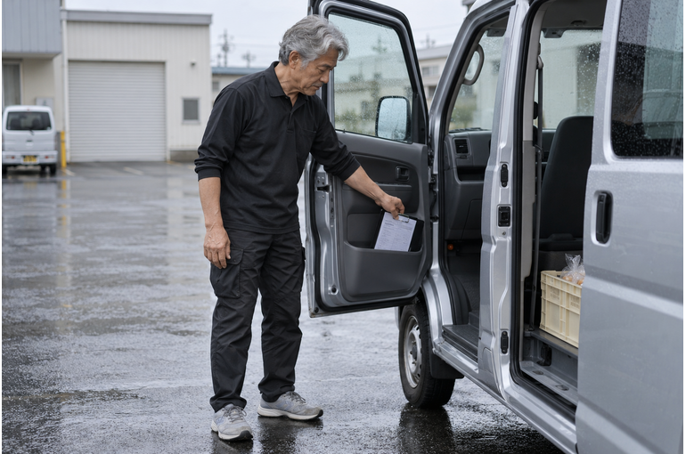 出発前に伝票を整理する男性