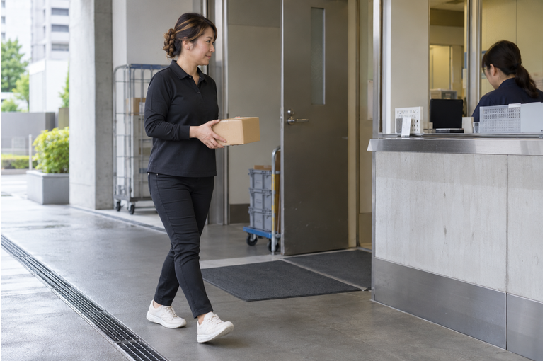 1件の荷物を納品受付へ運ぶ女性