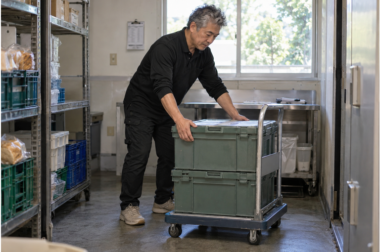 食品配送用の容器を整える男性