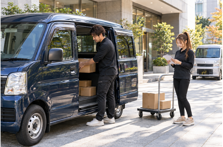 企業配送スポットに向けて軽バンへ荷物を積み込み伝票を確認するドライバー