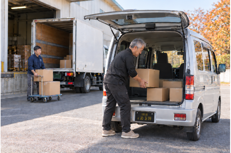 トラックの積み残し便に対応するため軽バンへ荷物を積み込むドライバー