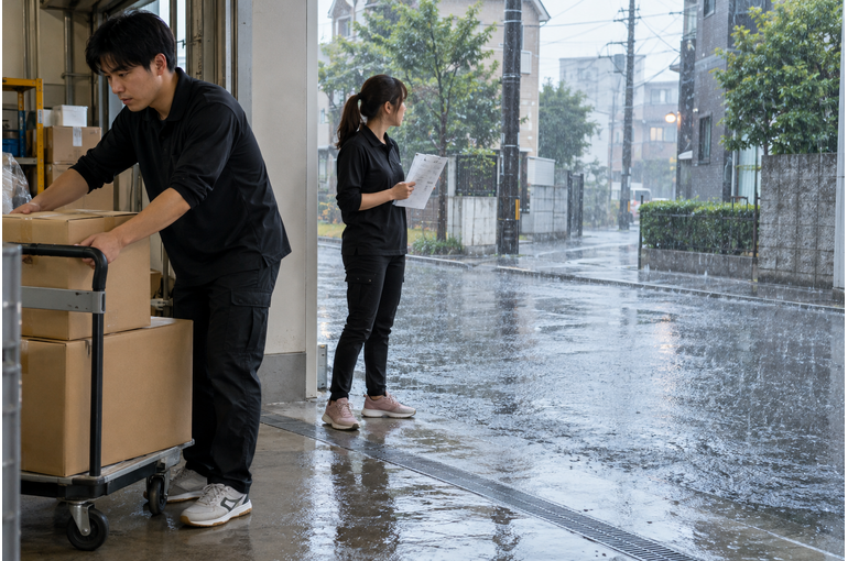 大雨安全の配送風景