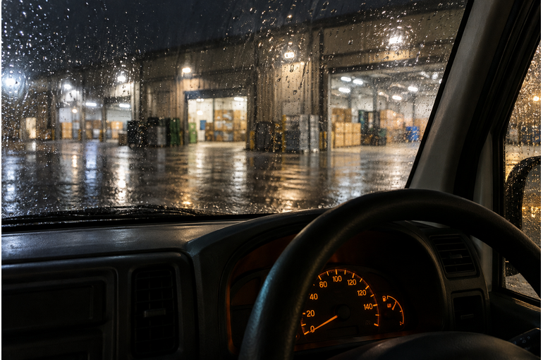 チルド便・雨の配送風景