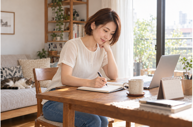 自宅でノートに希望を書き出し副業について考える女性