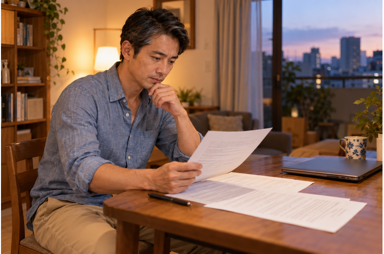 自宅で会社のルールを確認し副業を考える私服の男性