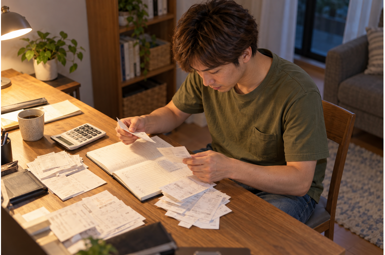 領収書と帳簿を整理する私服の男性