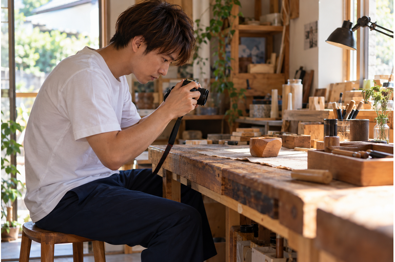 手作り品の写真を撮影する男性