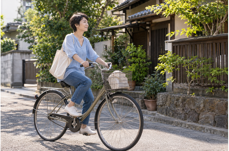 週末の街を自転車で移動する女性