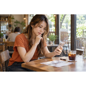 副業の募集内容をスマートフォンで確認する女性