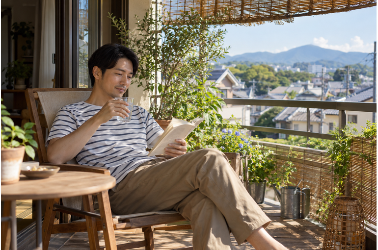 休日に読書をしながら休息する男性