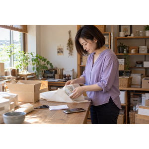 商品を丁寧に梱包する女性