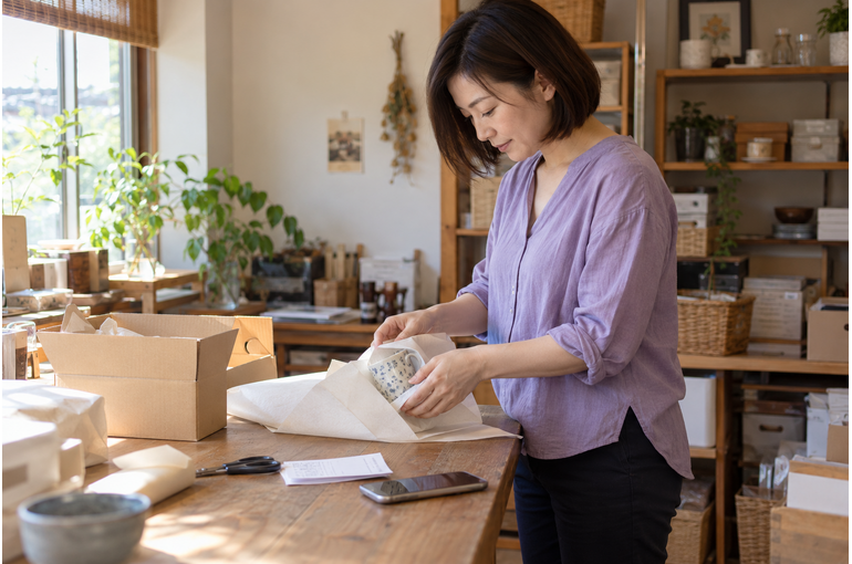 商品を丁寧に梱包する女性