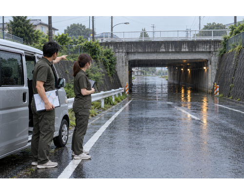 埼玉県で大雨。冠水した道路には進入しない判断を