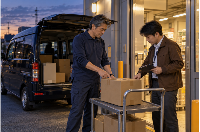 都筑区17:00積込の夜間配送。店舗機器の納品スポット