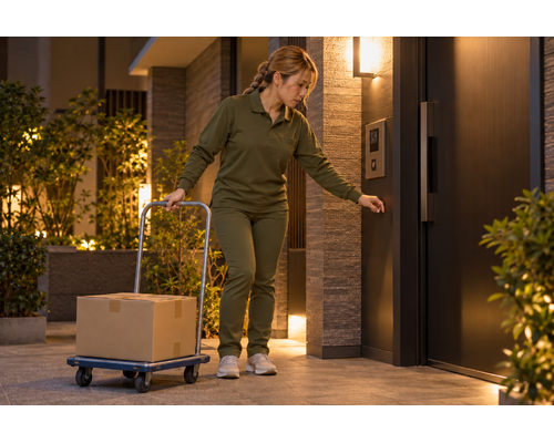 暗い時間の納品。荷物を持つ前に入口と足元を確かめる