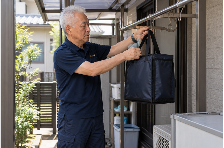 雨が続く前に、配送バッグや固定具を乾かす場所も準備