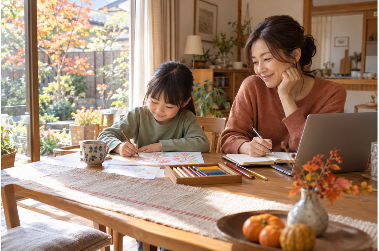 秋の自宅で副業の情報を調べる40代のお母さんと隣で絵を描く子ども