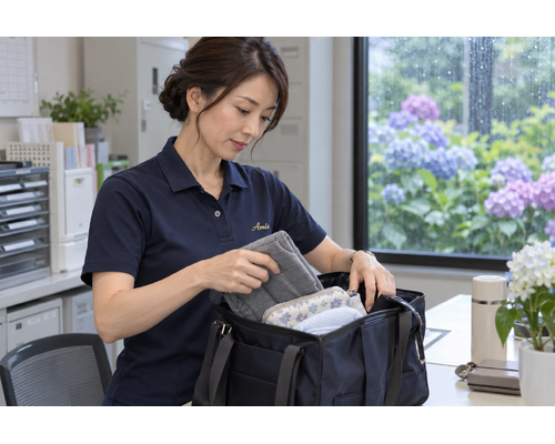 雨の日の着替えを仕事用バッグへ準備する女性ドライバー