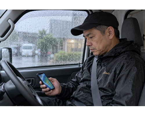 安全に停車した車内で大雨の情報を確認する男性ドライバー