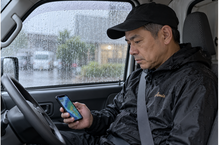 安全に停車した車内で大雨の情報を確認する男性ドライバー