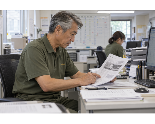 物流のニュース資料を読むベテランドライバー
