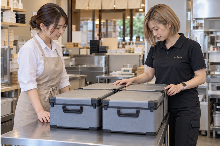 店舗の受渡し台でふた付きのお弁当配送容器を確認するスタッフ