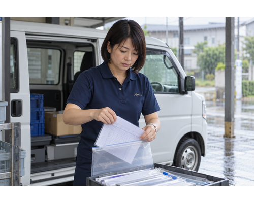 伝票を透明ケースで保護する女性ドライバー