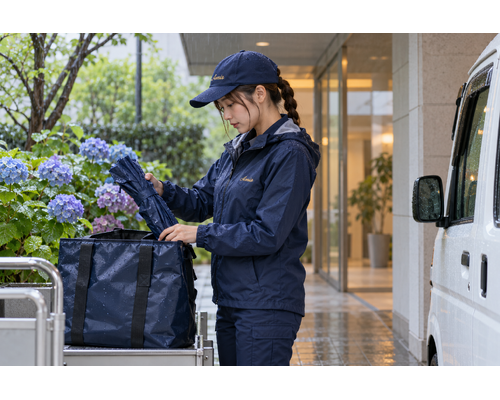 アジサイが咲く雨の季節に雨具を準備する女性ドライバー