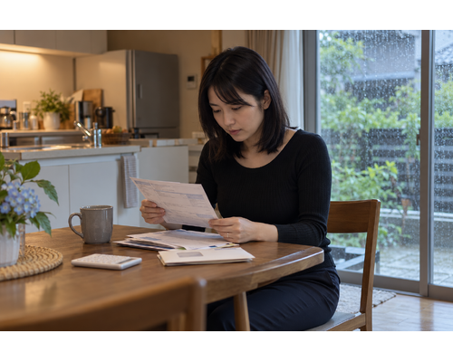 自宅で金融機関の書類を確認する女性