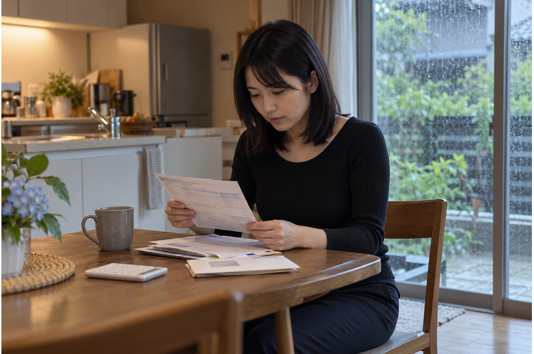 自宅で金融機関の書類を確認する女性