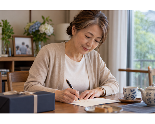 父の日に自宅でメッセージを書く女性