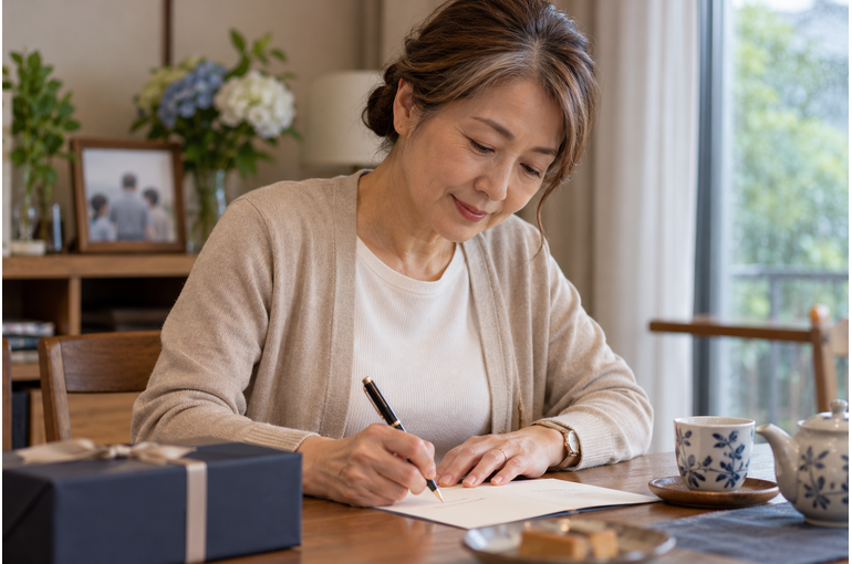父の日に自宅でメッセージを書く女性