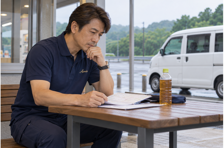 長距離便の休憩中に配送のメモを確認する男性