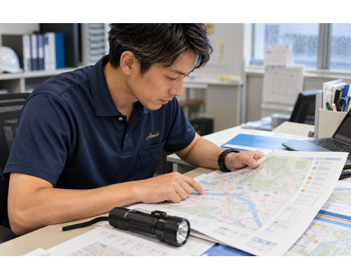 防災の地図と懐中電灯を確認する男性