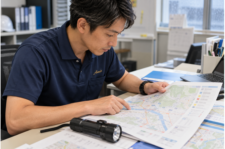 防災の地図と懐中電灯を確認する男性